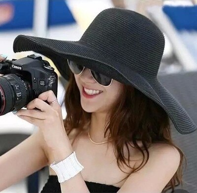 Seaside large brim hats summer straw hat foldable sun hat Summer Sun Hats For Women large Brimmed Straw Sun Hat Folding Beach Gi: Black