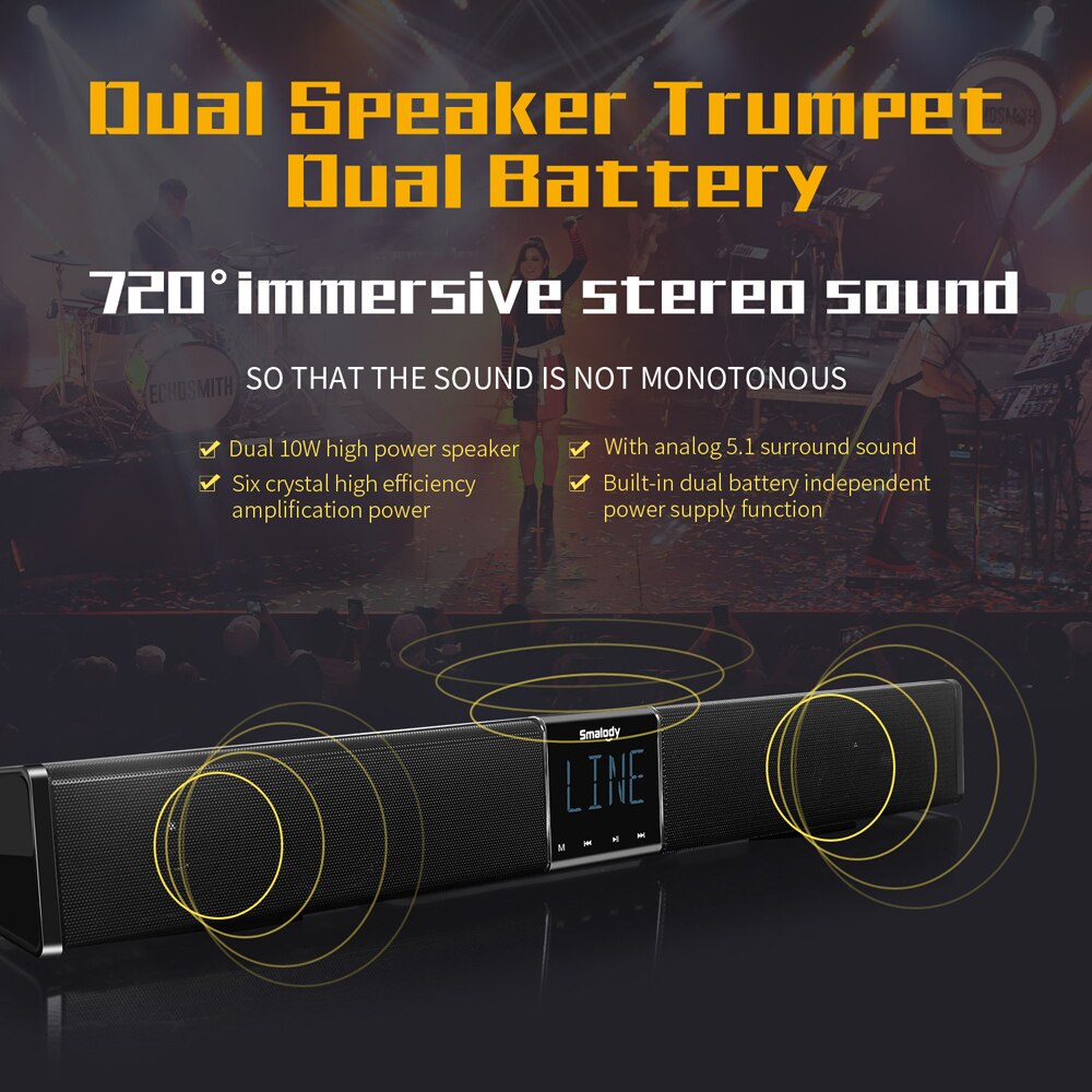 Smalody Home Theater TV Soundbar 20W Bluetooth Speaker 4400Mah Portable Bass Wireless Subwoofer With Remote Control LCD Display