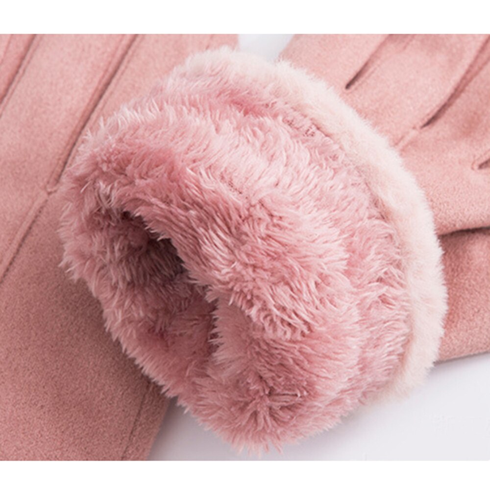 Female Winter Lace Warm Cashmere Cute Mittens Suede Leather Double Thicken Plush Full Finger Wrist Touch Screen Driving Gloves