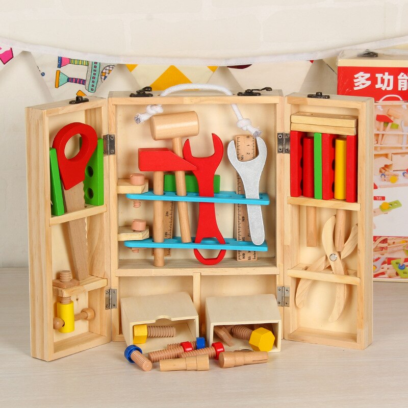 Tragbare freundlicher Holz Werkzeugkasten Ingenieur Reparatur Werkzeuge vorgeben Spielzeug Spielen Haus Spielzeug Werkzeug Bausatz Reparatur Intelligenz DIY Werkzeugkasten