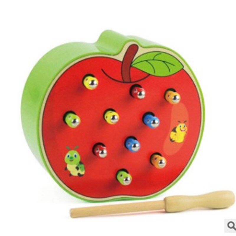 Wooden bug eating fruit magnetic catcher game early childhood teaching aids hand-eye coordination focus toy: red