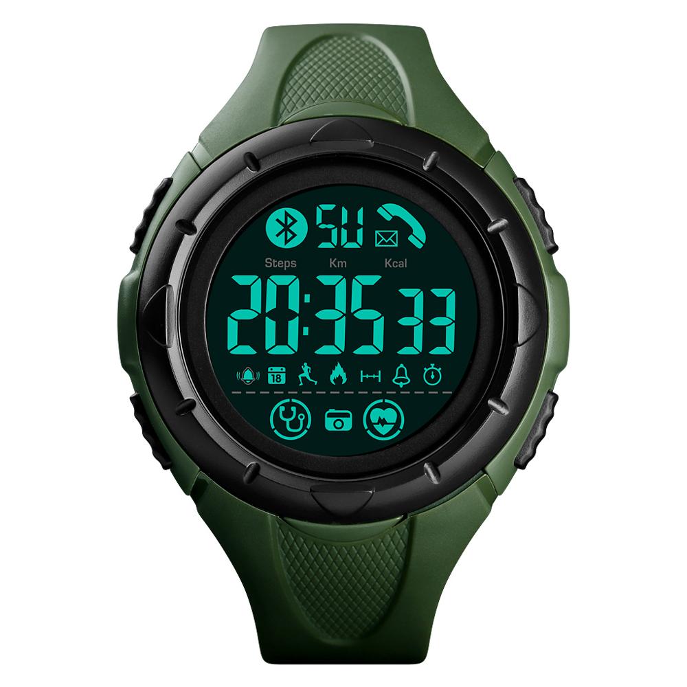 SKMEI Bluetooth montre intelligente hommes Sport podomètre étanche rappel d'appel horloge LED SmartWatch numérique pour ios téléphone Android: Army green - Black