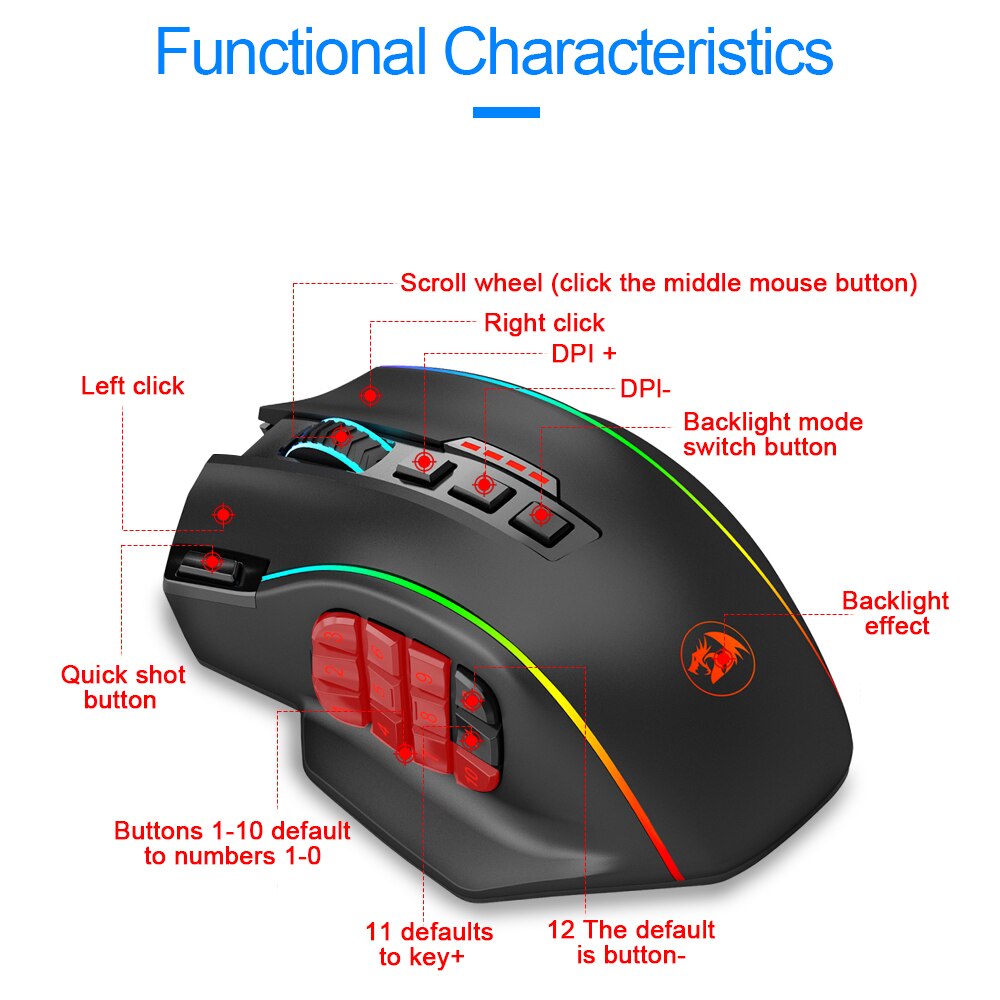 REDRAGON-ratón inalámbrico para juegos, periférico ergonómico programable con 19 botones, Perdiction M901-KS Elite, RGB, USB, 2,4G, 16000DPI