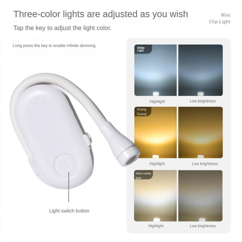 Book Light Mini LED Reading Light 3-Level Rechargeable Warm Cool White Flexible Easy Clip Lamp Read Night Reading