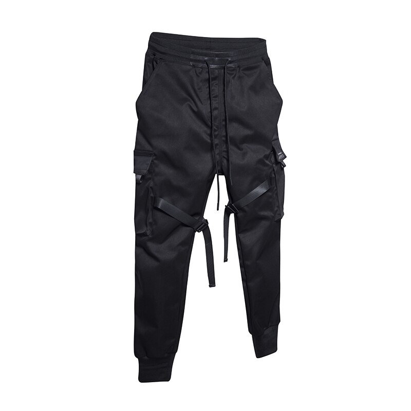 Pantalones Cargo para hombre, pantalón de chándal de estilo Hip Hop, harén, con múltiples bolsillos, cintas negras,