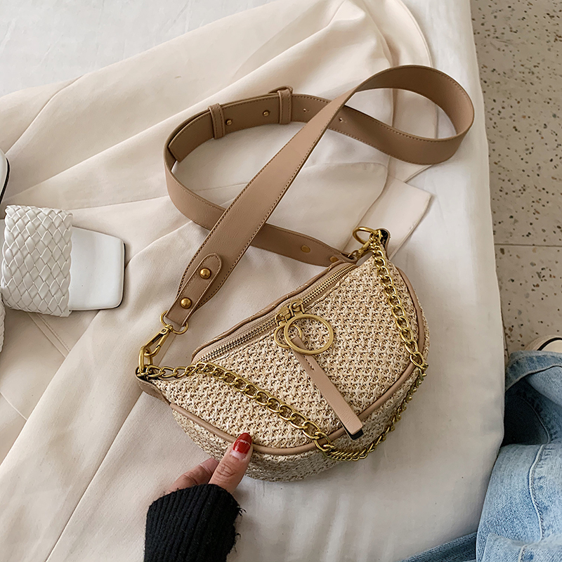 Strå strandtaske crossbody taske til kvinder sommer kvindelig skulder enkel håndtaske dame kæde rejse brysttaske: Khaki