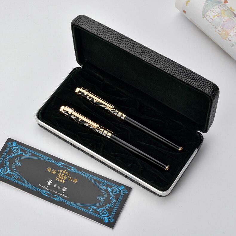 2pcs/lot Duke Luxury Gold 0.5MM Fountain Pen + 0.7mm Roller Ball Pen for Lovers Pens Christmas