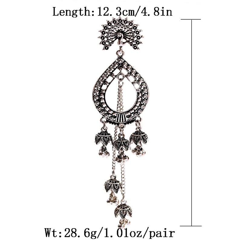 Vintage Indian Bollywood Kundan Peacock Carved Jhumka Jhumki Water Earrings Women Boho Ethnic Long Tassel Earring Jewelry