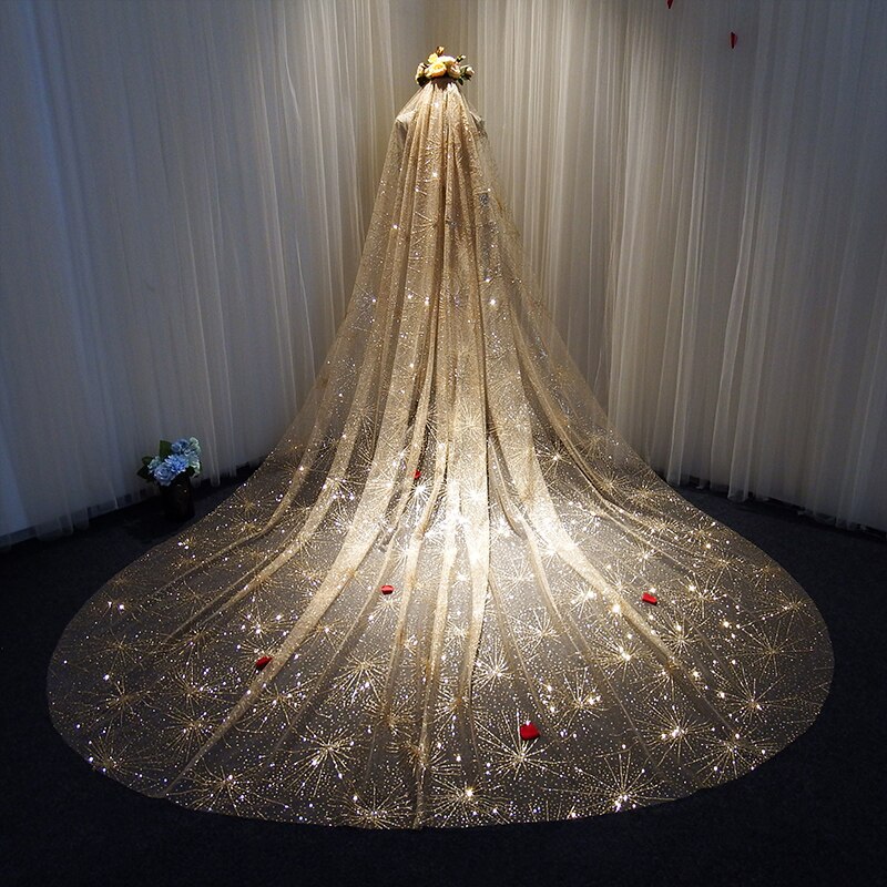 Sparkly Bling Bling Bridal Wedding Veils White Ivory Champagne Gold Long Cathedral Fireworks Sequined Veil With Comb 3X3.5Meters: Gold Fireworks