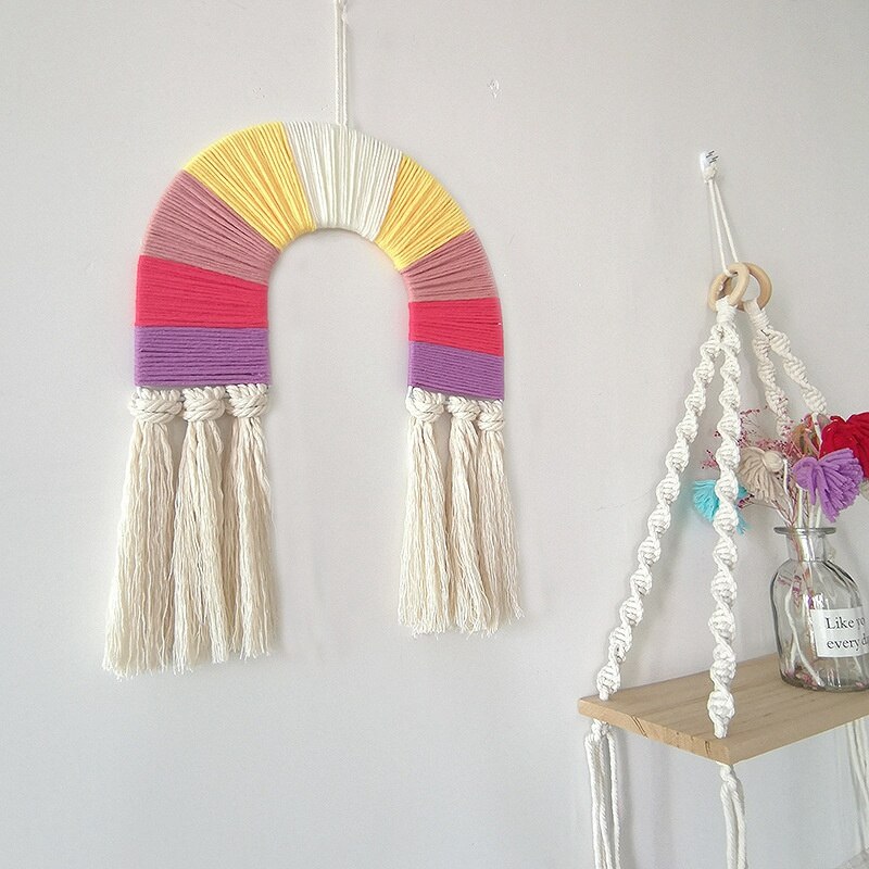 Nordic Style Rainbow Tapestry Macrame Wall Hanging Ornaments Handmade Wall Tapestry Nursery Kids Baby Crib Bedroom Decor