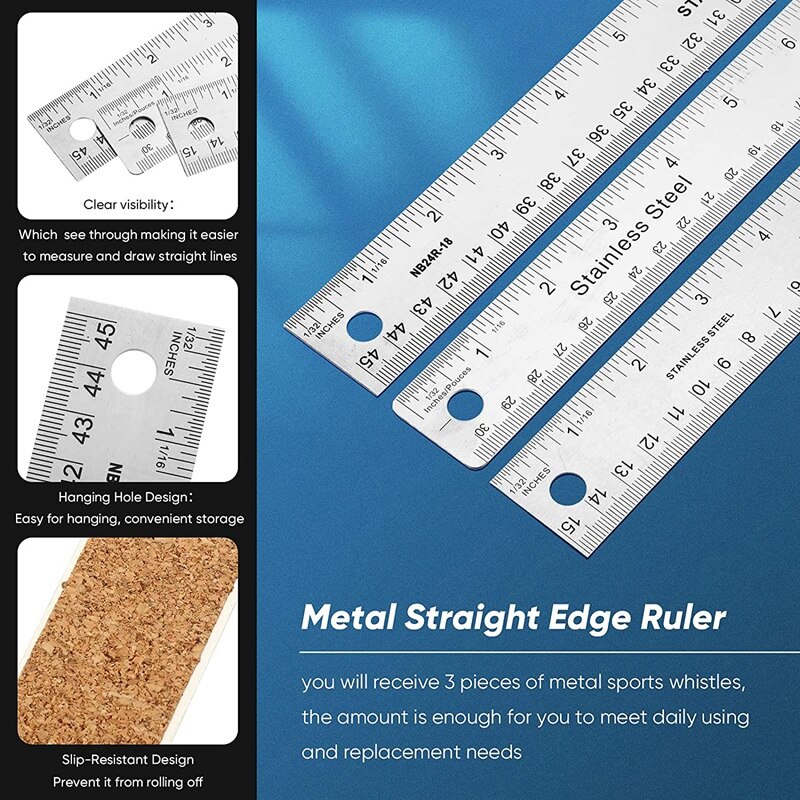 Stainless Steel Cork Backed Metal Ruler, Non Slip Straight Edge with Cork Backing, (2 Pieces 1 X 6 Inch, 1 X 12 Inch)