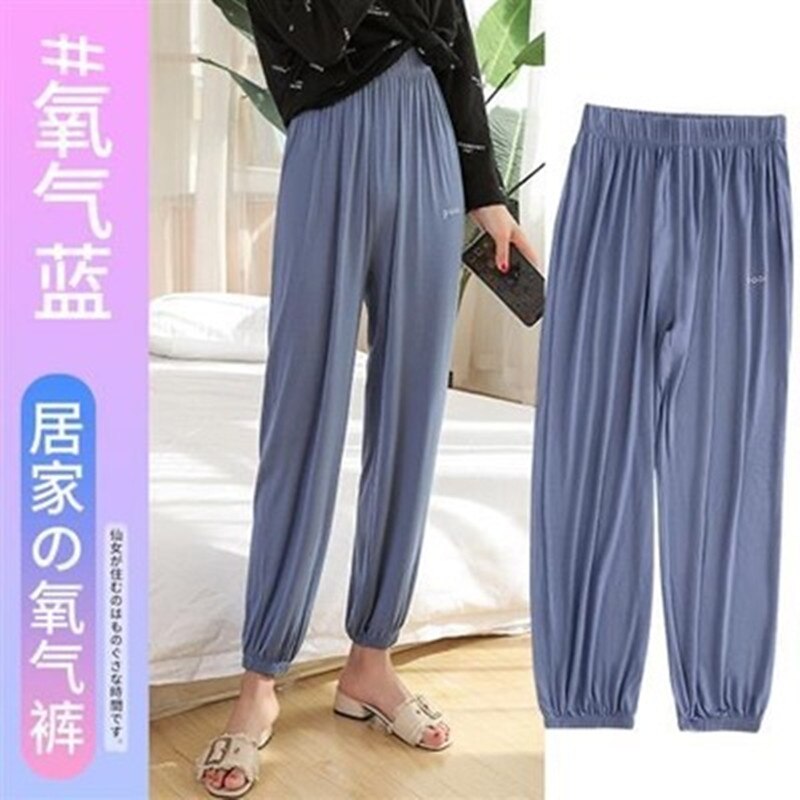 Sommer søvnunderdel kvinder modal lange bukser hjemmepyjamas bløde slipbukser stor størrelse afslappet nattøj: Blå
