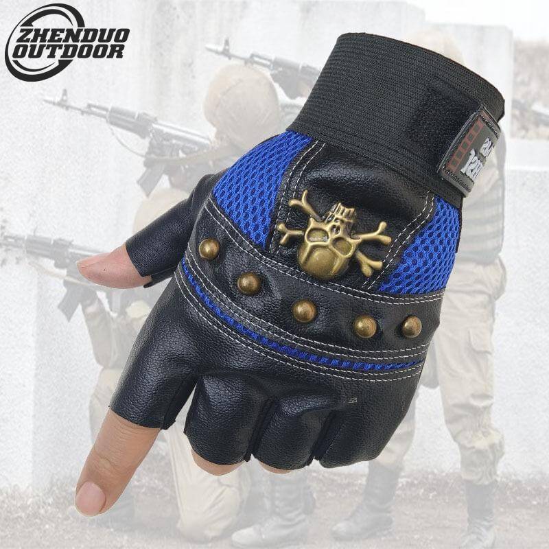 Zhenduo Outdoor Pu Leather Skull Punk Vingerloze Handschoenen: blue