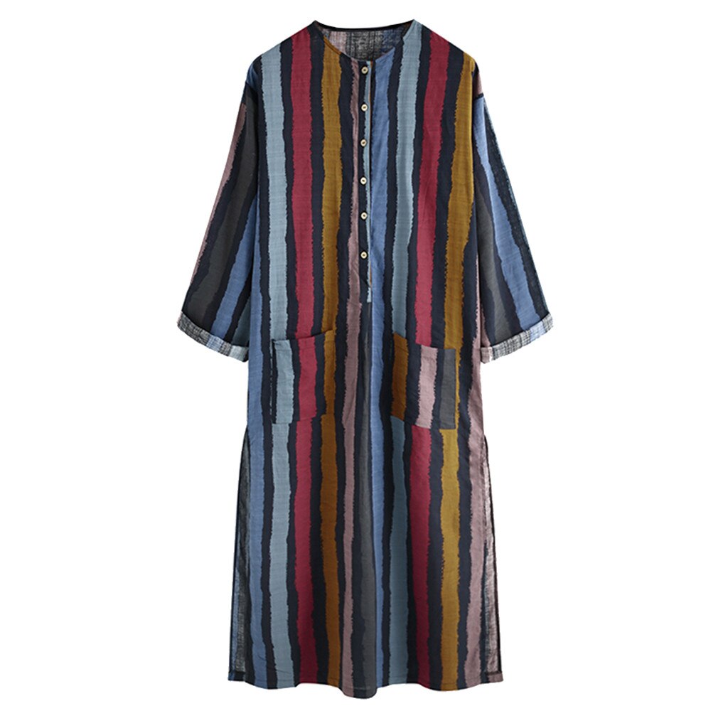 Camisa larga Hawaiana de verano para hombre , camisa étnica de manga larga, camisa con estampado de rayas, blusa de calle Retro para hombre: S