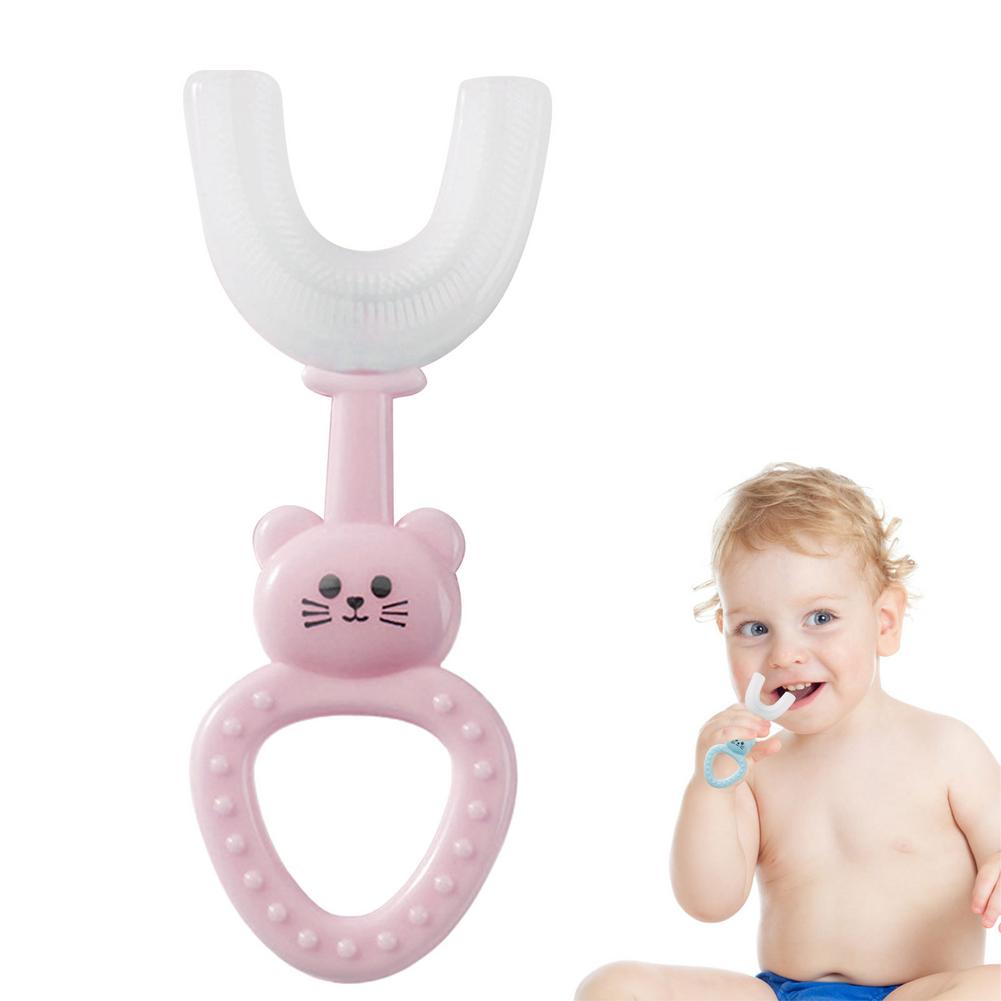 Spazzolino da denti a forma di U per bambini spazzolini da denti per allenamento manuale spazzolino da denti in Silicone morbido per uso alimentare testina 360 denti orali Cle: Pink