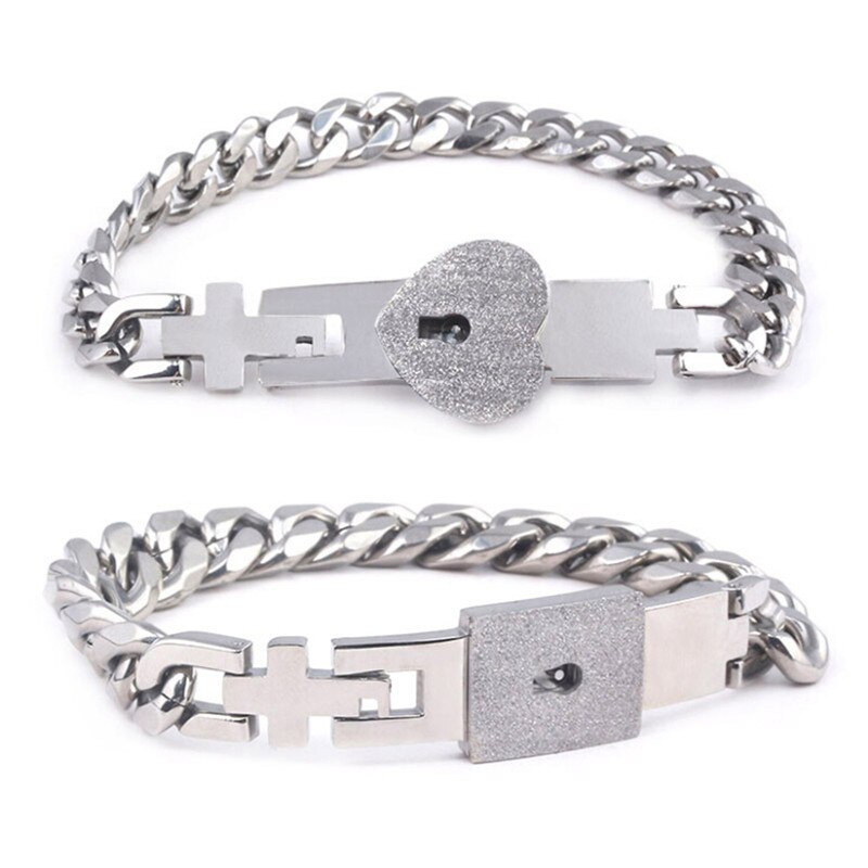 A Couple Lovers Jewelry Love Heart Lock Bracelet Stainless Steel Bracelets Bangles Key Pendant Necklace Jewelry: J