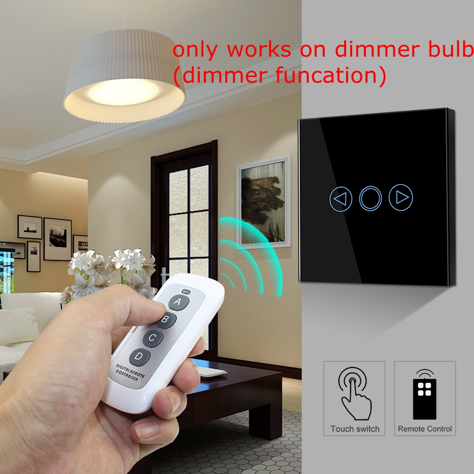 Dimmer Touch Switch 1 Gang Wall Light Switch EU Standard Crystal Glass Panel Remote Control Light Switch RF 433mhz Controller