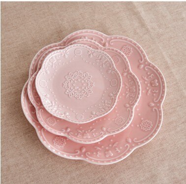 European Style Flat Plate-6&quot;8&quot;10&quot;Western Steak Plate -Embossed Round Shallow Plate Pure White Bone China Dessert Tray Home Acces: 3pcs set-Pink