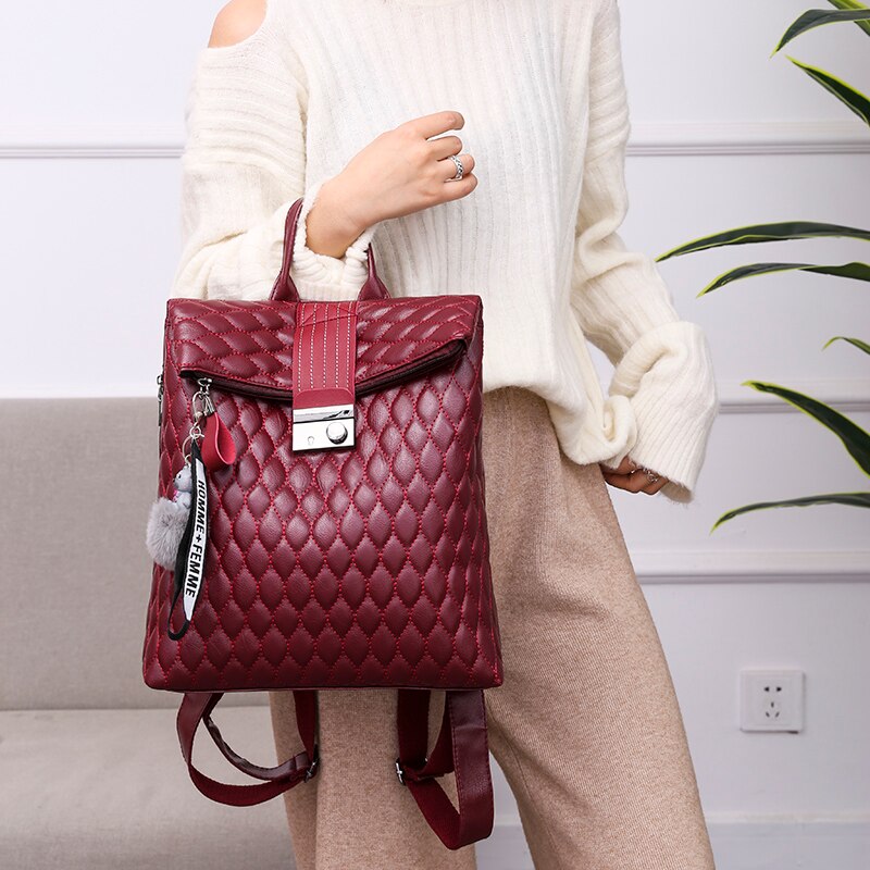 de Casual de las mujeres de viaje acolchado Mochila de cuadros de la escuela bolsa de cuero de la PU Mochila para chicas adolescentes Mochila mujeres Mochila