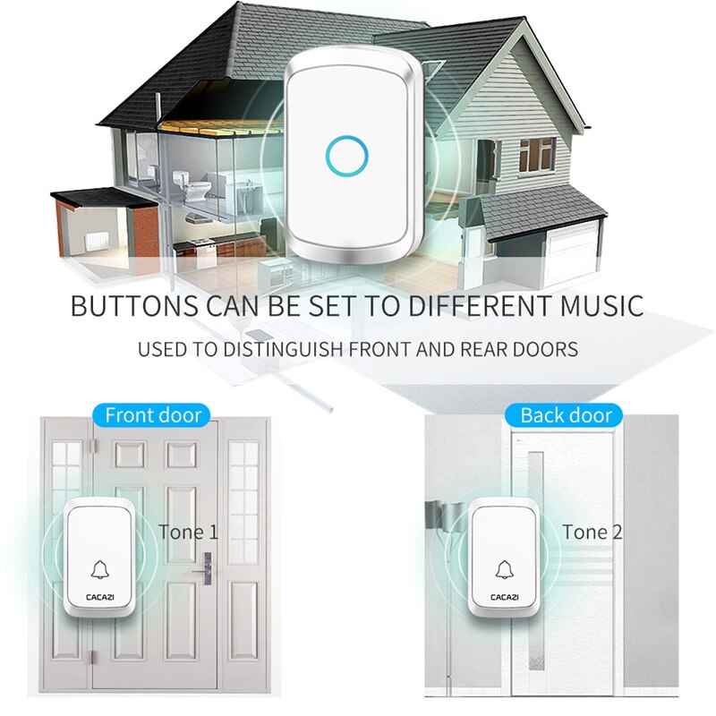 CACAZI Intelligent Wireless Doorbell Waterproof 2 Button 1 Receiver Home LED Light Battery Calling Bell Chime US EU UK AU Plug