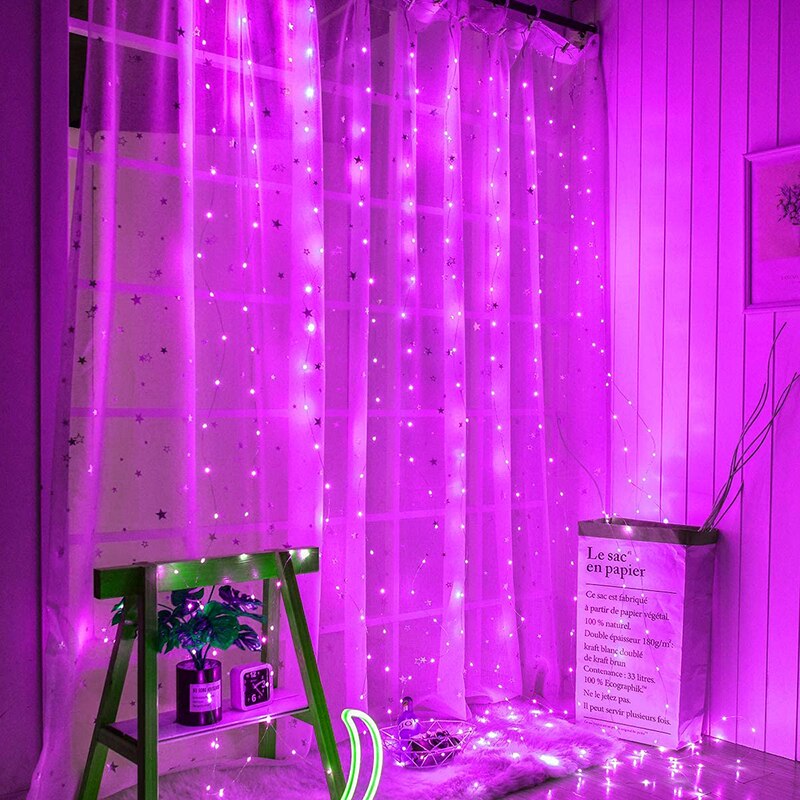 Rideau avec guirlande LED, lumière féérique, USB, avec télécommande, 3 m, décoration d'intérieur pour fenêtre et chambre, Noël et Nouvel An: pink / 3X2M-200LED