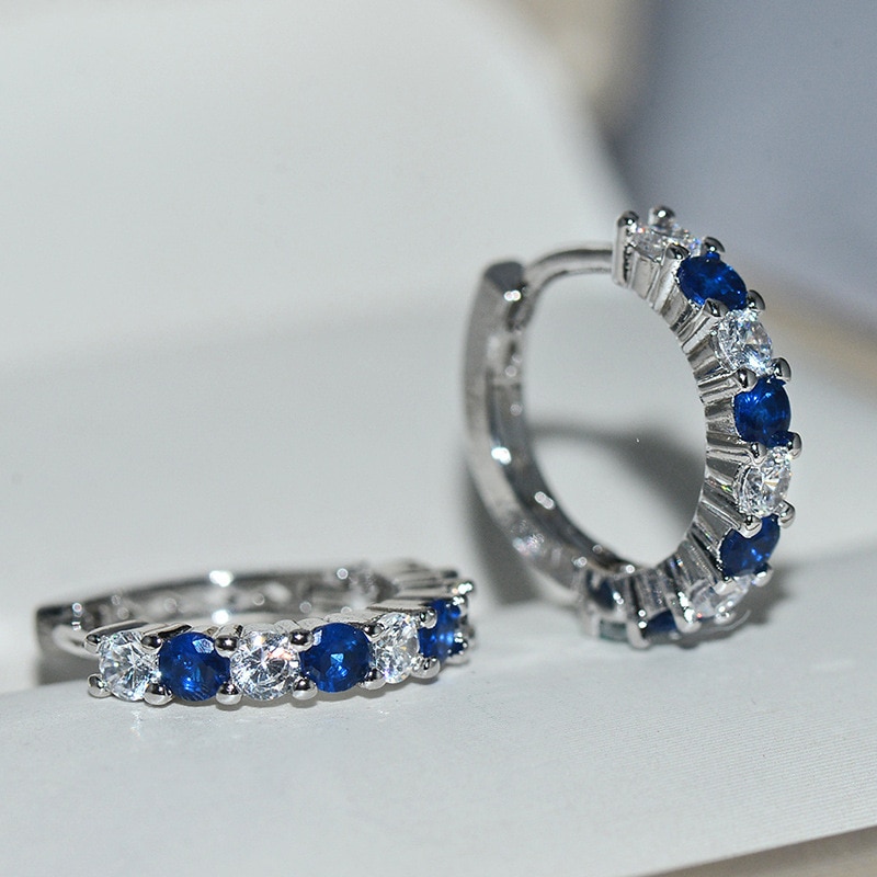 Simple 925 Sterling Silver Blue Round Micro Pave Zircon Earrings for Wedding Women Jewelry Pendientes Oorbellen Brincos