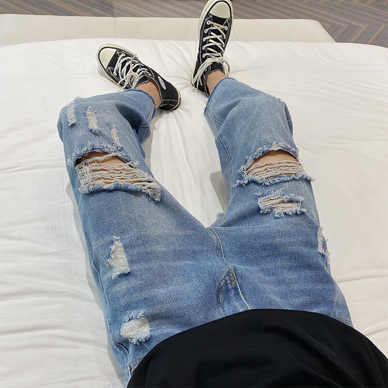 Trasigt hål slits raka ljusa blå & grå jeans koreansk stil lös trend matchande jeansbyxor för ungdomar 5xl