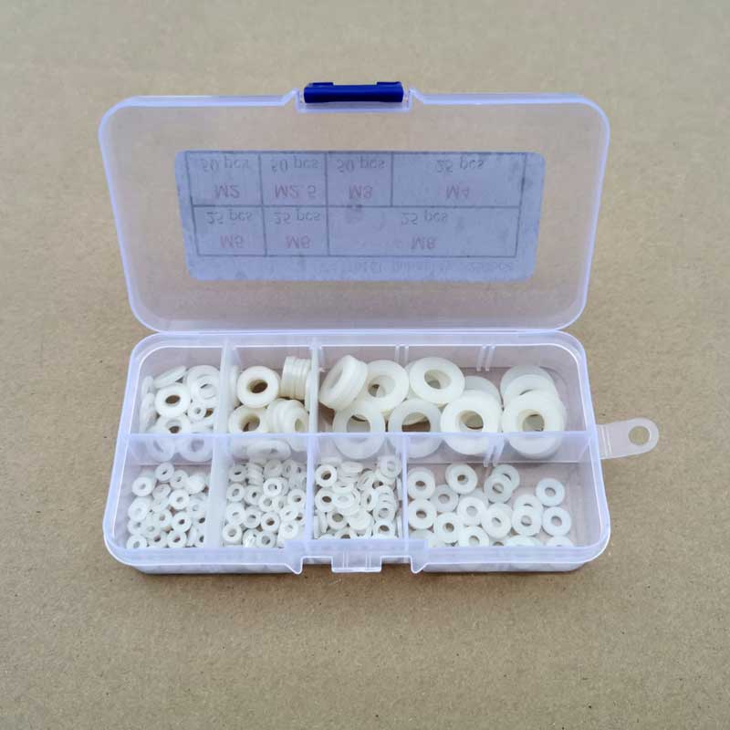 250pcs Nylon Rubber Flat Ring Plain Repair Washer Gasket Assortment Kits M2 M2.5 M3 M4 M5 M6 M8 Nylon Washer Flat Spacer Washer: White set