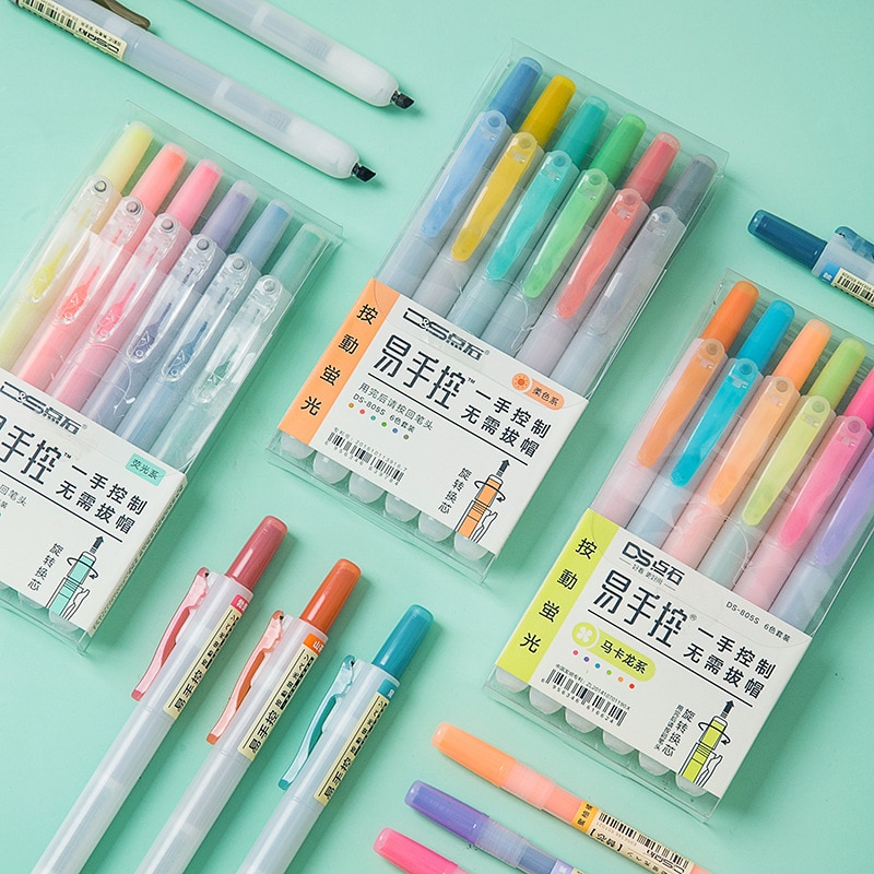 6 stücke klopfen Typ Farbe Textmarker Stift Gesetztes Leuchtstoff Marker Liner Stifte ungiftig Markieren Schreibwaren Büro Schule A6844