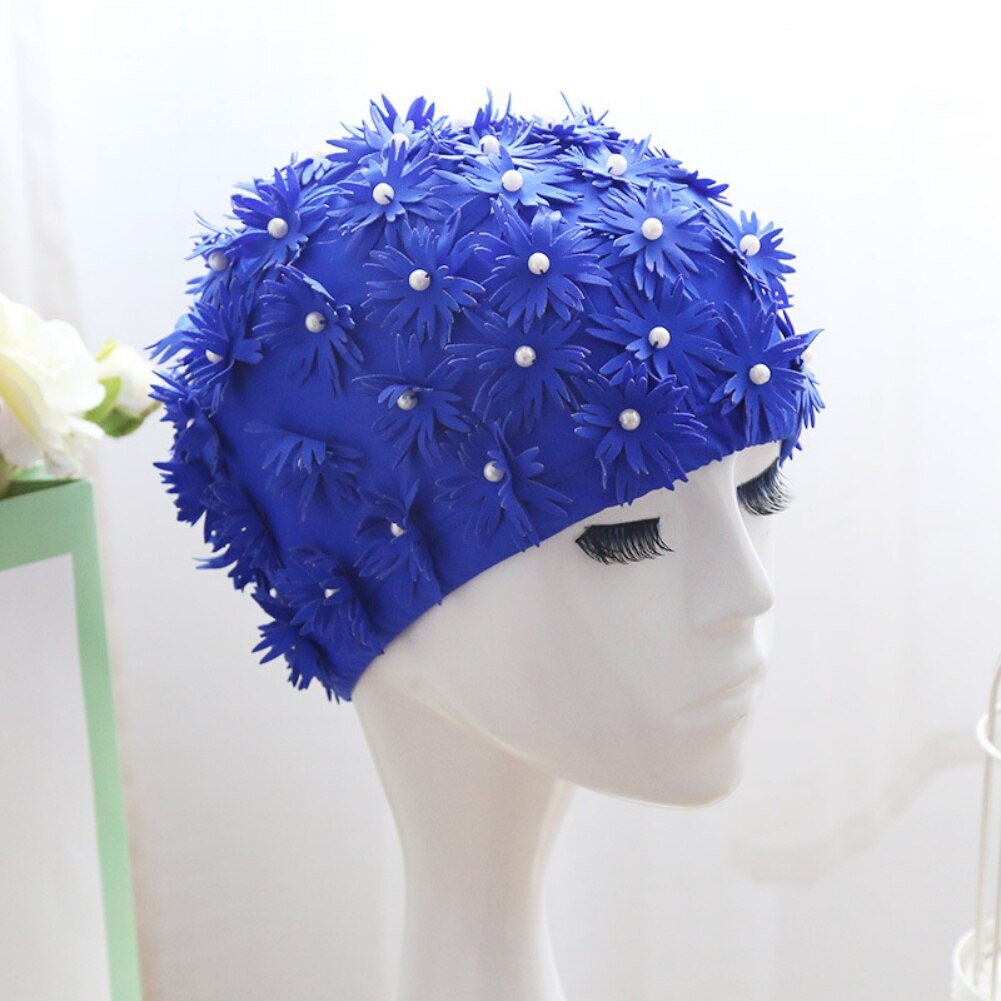 Gorro de baño con de flores 3D para mujer, gorro de baño impermeable, sombrero para champú, gorro de playa para nadar, gorros de ducha de pelo largo