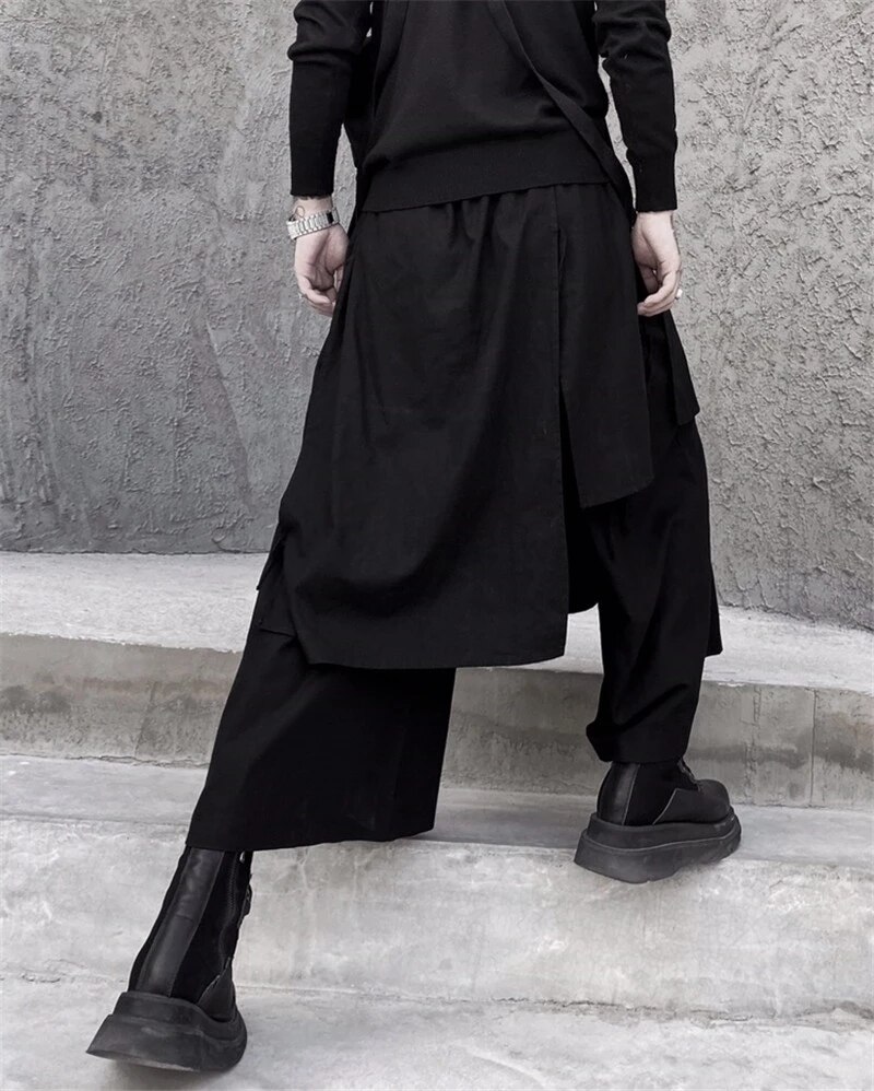 Pantalones de falda negra oscura para hombre, pantalón informal holgado de pierna ancha, de nicho, pantalones irregulares de nueve puntos