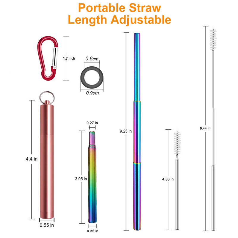 Paille télescopique en métal, réutilisable, pliable, portable, en acier inoxydable, avec brosse et étui pour les voyages en extérieur