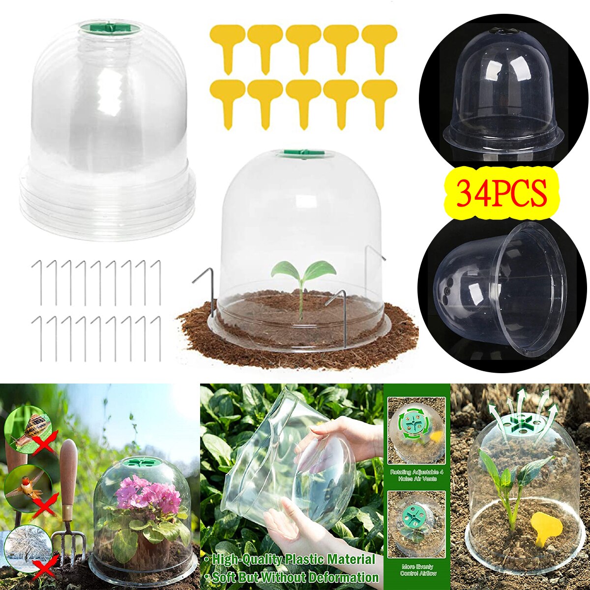 Cloche de protection des plantes en plastique, 34 pièces/ensemble, Mini serre, Anti-gel, accessoires pour fleurs, transparent, 26x21cm