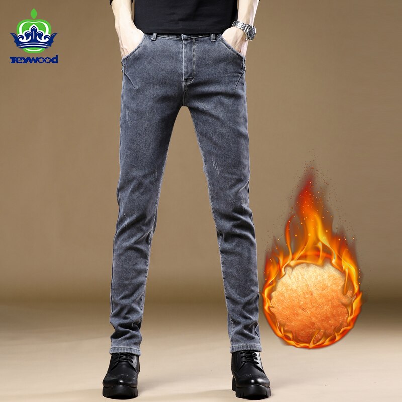 Jeywood Winter Mannen Warme Slim Fit Jeans Business Mode Dikker Denim Broek Fleece Stretch Skinny Broek 27-36