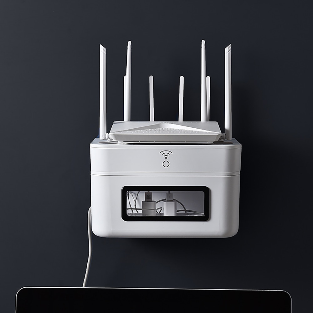 Wifi reititin hylly säilytyslaatikot kaapeli virta ja johtokiinnike säilytyslaatikko puu-muovi seinähylly ripustettava pistoke kannake laatikko