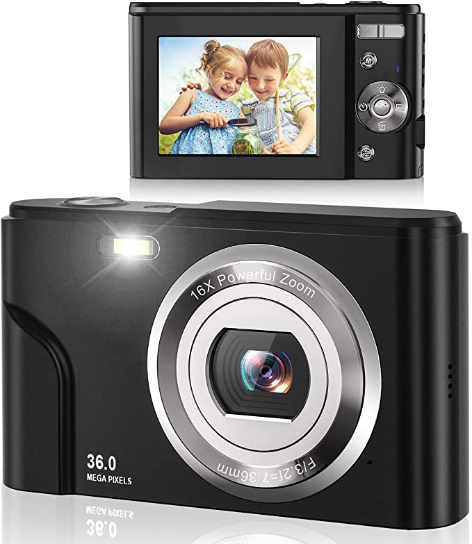 Digital Camera 36.0MP Vlogging Camera 16X Digital Zoom LCD Screen Compact Portable Mini Cameras for Students, Teens,: black