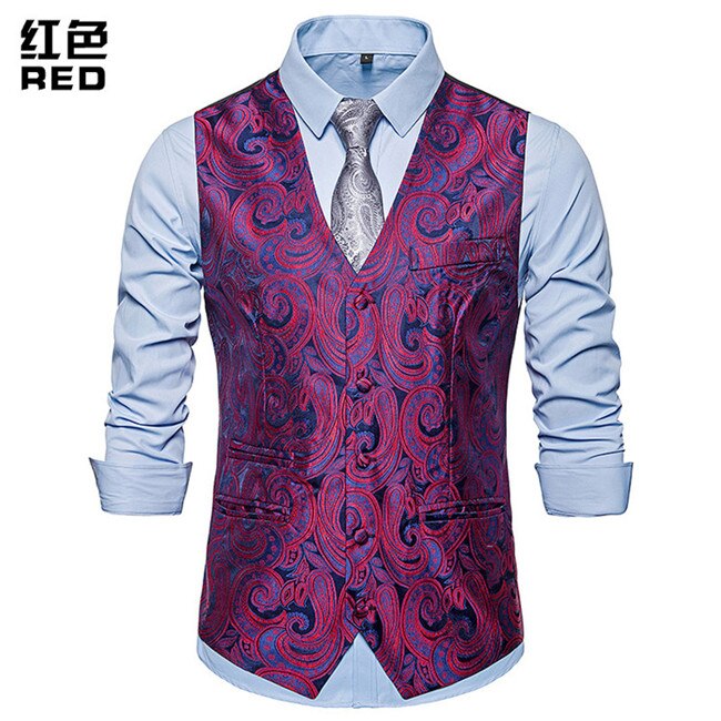 White Paisley Suit Vest Men Brand Slim Fit Single Breasted Vest Waistcoat Men Party Wedding Dress Vest Chaleco Hombre: red / S