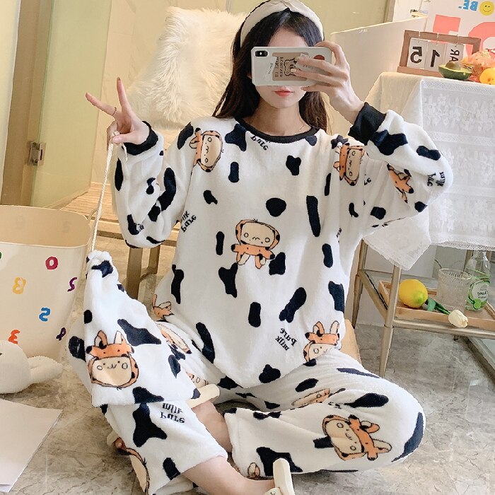 Conjunto de pijama de franela cálida para mujer, ropa de dormir de manga larga, Top y pantalón largo, 3 piezas: L