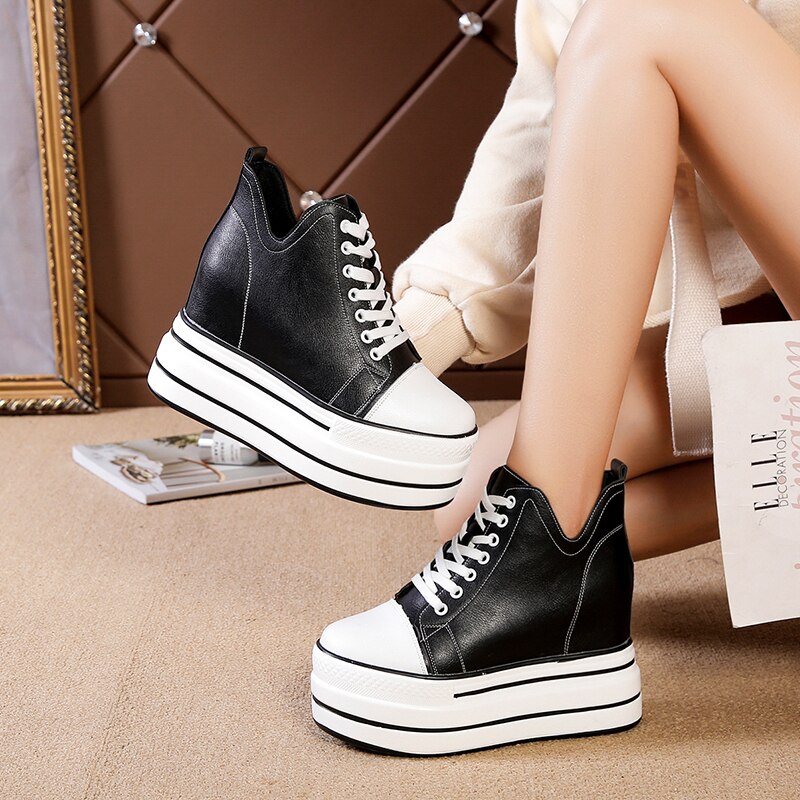 Herfst Hoge Platform Sneakers 9Cm Hoge Hakken Vrouwen Dikke Zool Enkellaarsjes Leather Wedge Winter Casual Schoenen Witte Laarzen maat 40