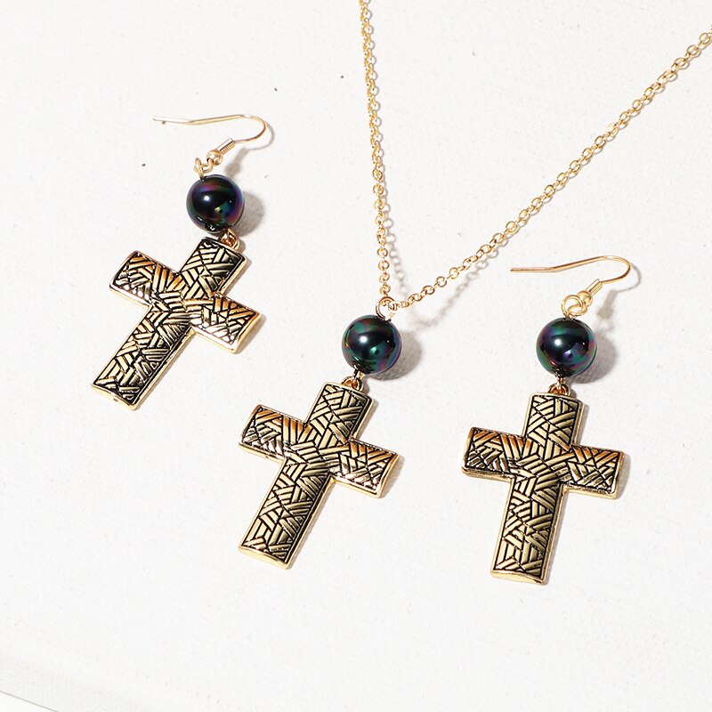 KOMi Polynesian Hawaiian Samoa Marshall Style Glass Bead Pearl Hollow Cross Heart Flower Charm Necklace Earrings Jewelry Set