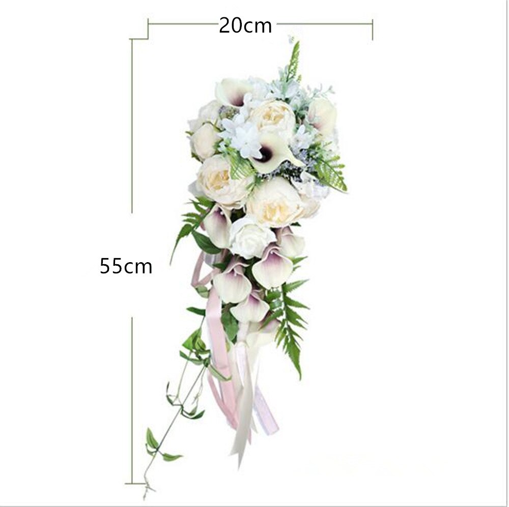 Kunstigt vandfald brudebuket kunstige blomster buket brud bruidsboeket lilla calli lilje brusende bryllupsbuket