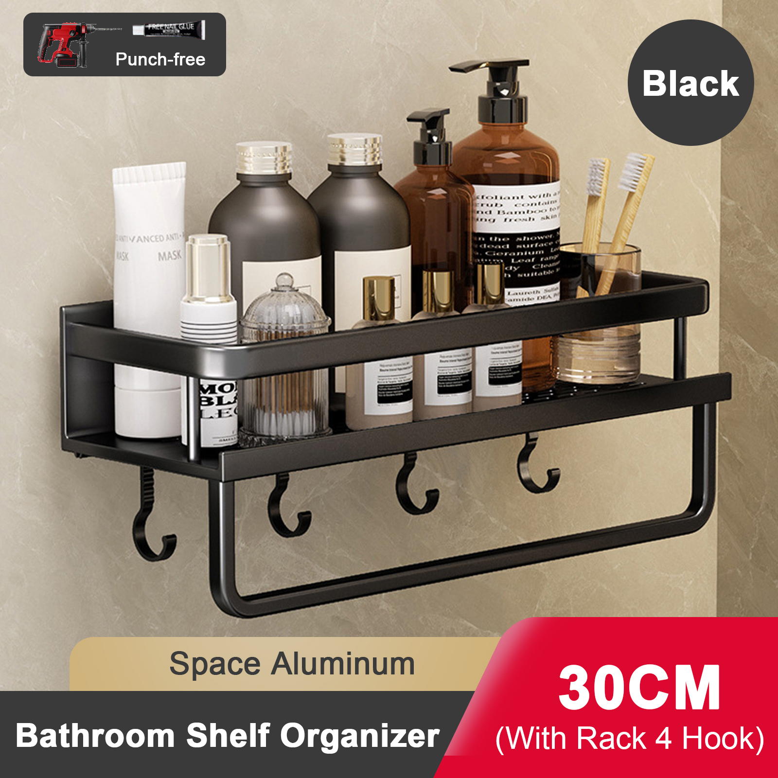 Support de salle de bain sans poinçon, étagère de salle de bain, espace de toilette en aluminium, sans perceuse, support suspendu, organisateur de salle de bain, accrocher au mur: Rouge