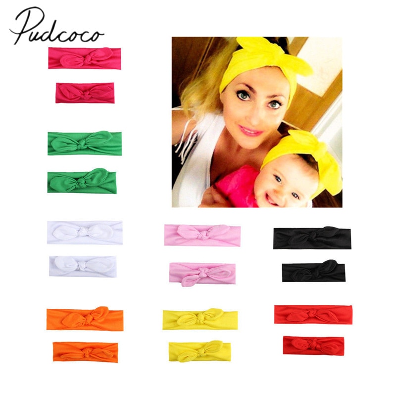 Neue 2Pcs Mama Baby Mädchen Elastische Bogen Verknotet Turban Haarband Stirnband Headwear Feste Bowknot Stirnband