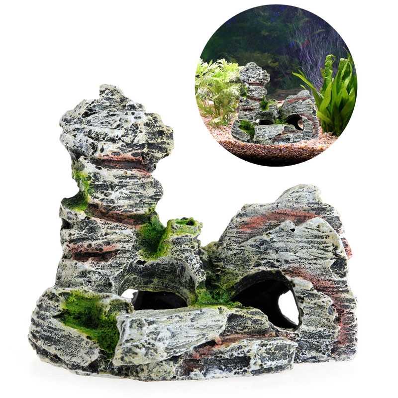 Harpiks materiale smuk bjergudsigt akvarium sten hule træ bro akvarium ornament dekoration landskab dekorativ