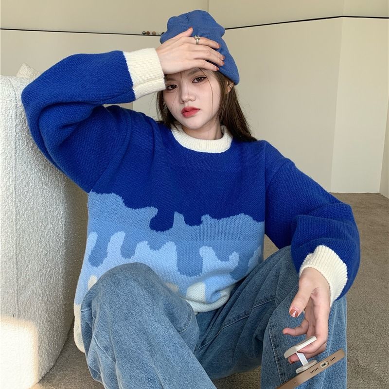 Pull en maille pour femmes, style Hip Hop, Streetwear, dégradé, Harajuku, décontracté, noir, bleu, automne,