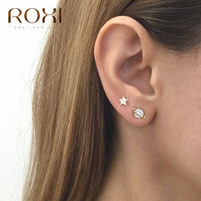 ROXI Asymmetrische Sterne Mond Ohrring 925 Sterling Silber Hypoallergen Nette schick Zucht Ohrringe für Frauen Mädchen Weihnachten Schmuck