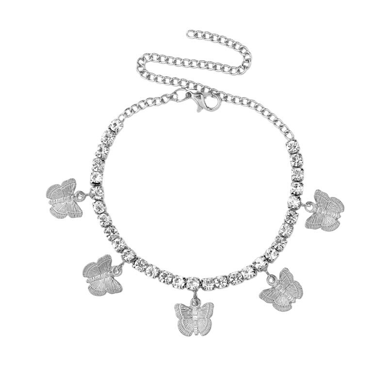 Gold Silver Color Rhinestone Tennis Anklet Jewelry for Women Crystal Butterfly Pendant Anklet Beach Foot Chain: 001502SL