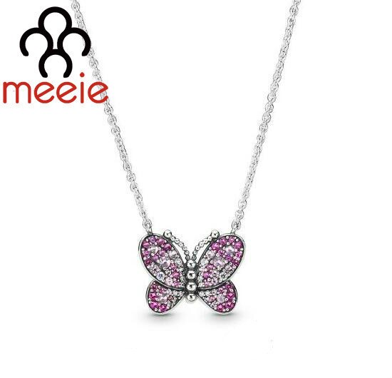 Authentische 925 Sterling Silber Original Funkelnden Rosa Schmetterling Halsketten Schmuck Für frauen Hochzeit DIY Schmuck