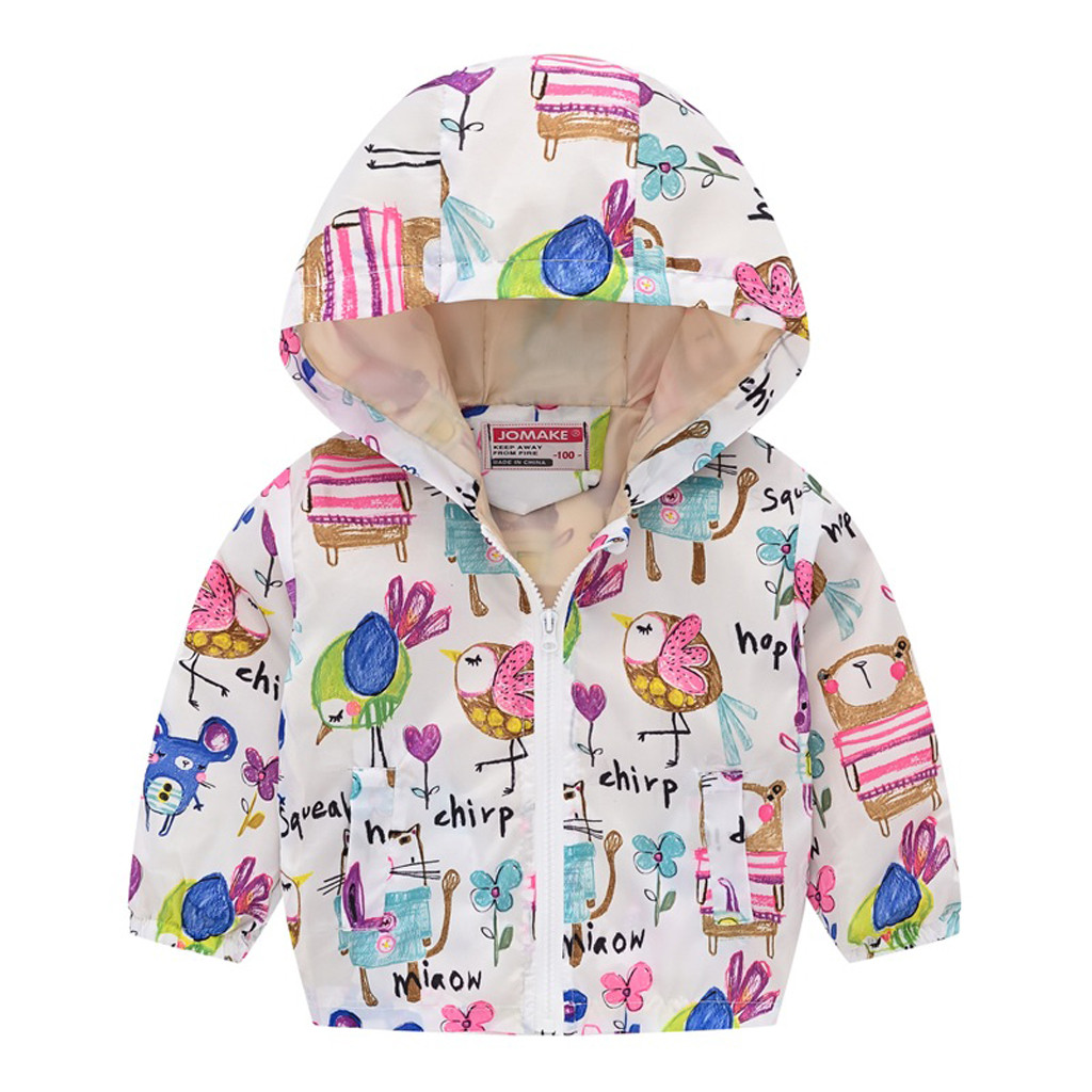 Children Spring Autumn Jacket For Girls Boys Long Sleeve Thin Hooded 12M-5Y Boy Girl Cartoon Printed Zipper Coat Windbreaker: White / 4T