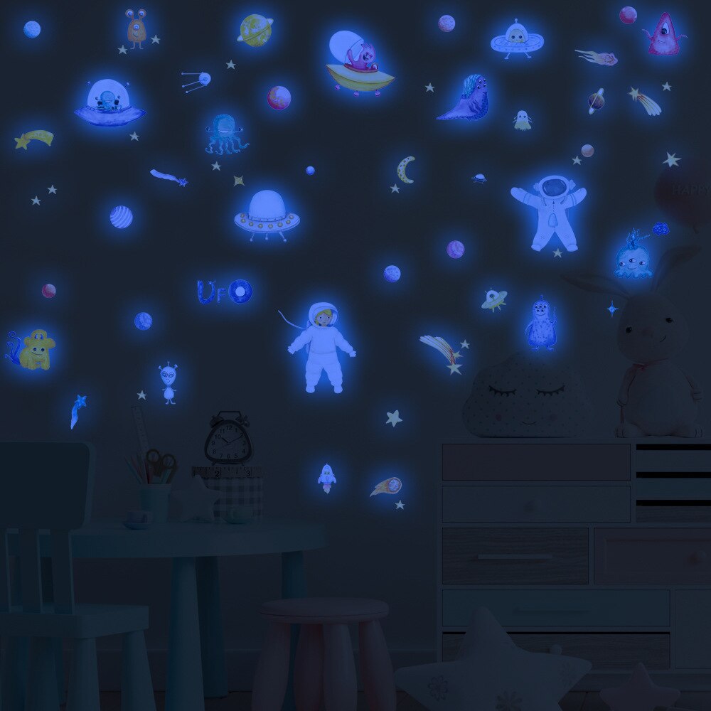 Ruimte Astronaut Alien Gloeiende Stickers Set Home Decor Muur Glow In Dark Sticker Slaapkamer Baby Woonkamer Decoratie